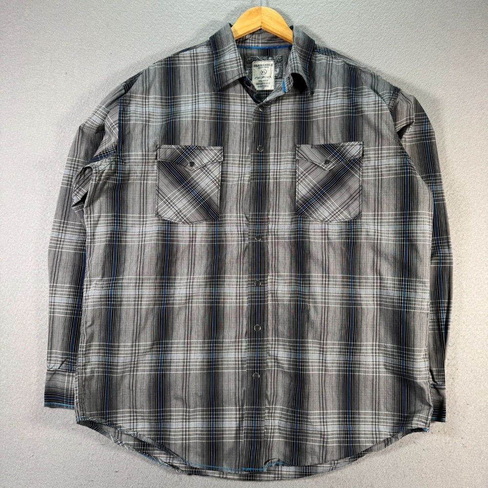 Panhandle Rough Stock Mens‎ XL Gray Plaid Pearl Snap Western Rodeo Shirt